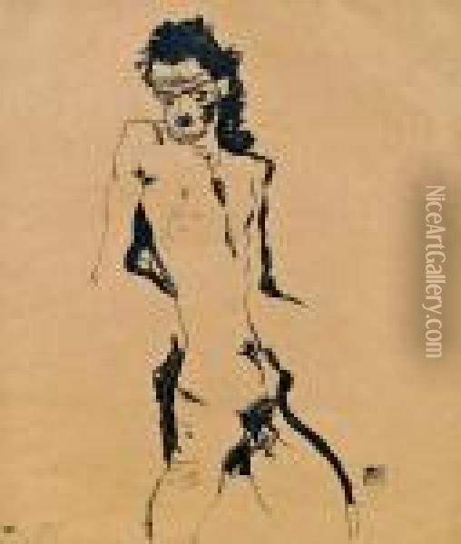 Mannlicher Akt (selbstbildnis) I Oil Painting - Egon Schiele
