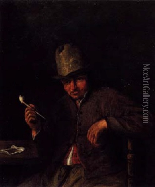 Man Seated At A Table Smoking A Pipe Oil Painting - Cornelis Dusart