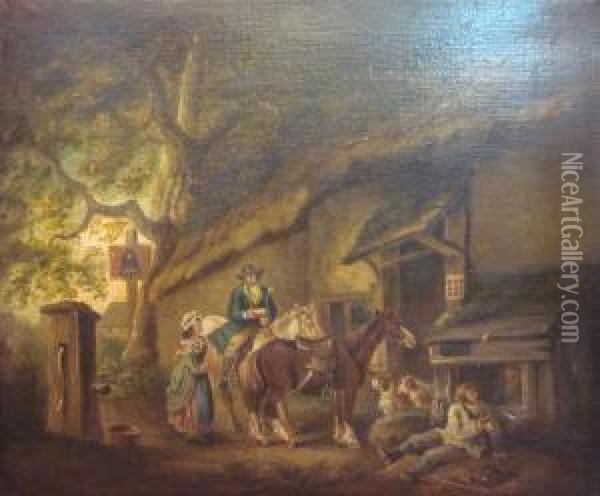 Outside The Silver Bell Inn Oil Painting - George Morland
