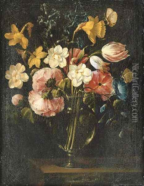 Roses, clematis, a tulip and other flowers in a glass vase on a wooden ledge with a butterfly Oil Painting - Juan De Arellano