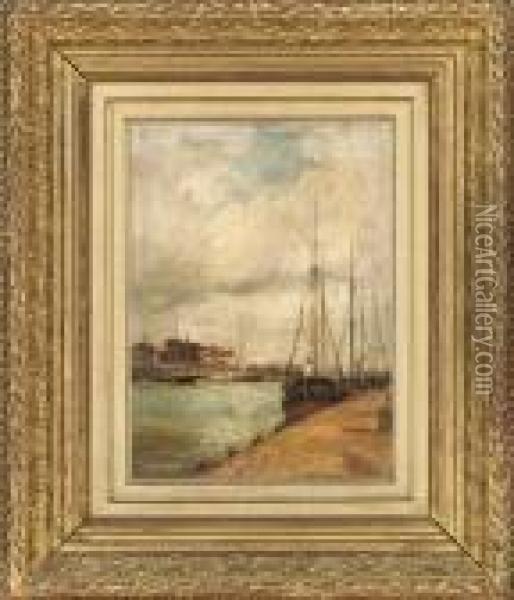 Mooring The Boats To The Quay Oil Painting - Harry Pennell