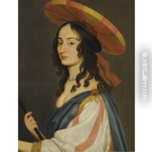 Self-portrait, Holding A Paint Brush Oil Painting -  Louise Hollandine Princess of Palatine