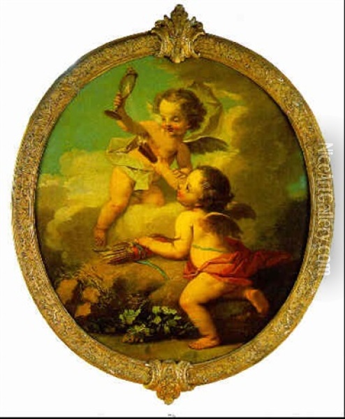 An Allegory Of Love: Putti Disporting In A Landscape Oil Painting - Etienne Jeaurat