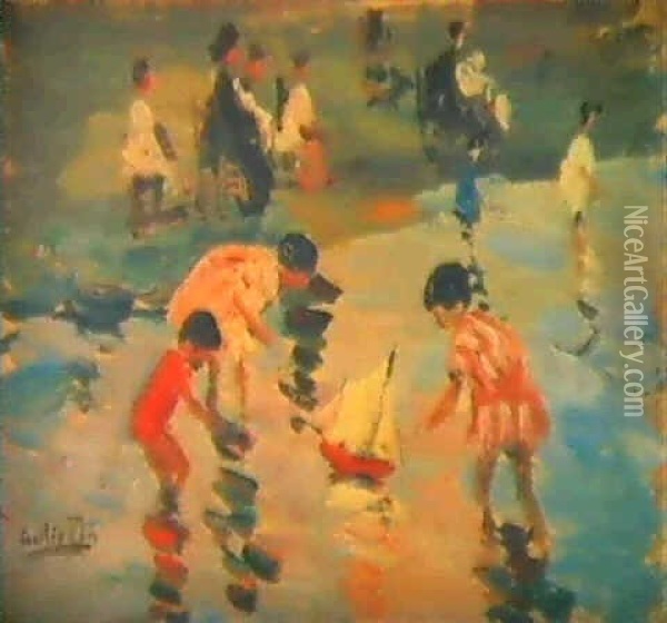 Ninos En La Playa Oil Painting - Cecilio Pla