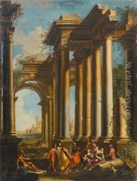 A Capriccio Of Ruins With A 
Philosopher Preaching To A Crowd Beneath A Ruined Temple; And A 
Philosopher Preaching At The Foot Of A Triumphal Arch Oil Painting - Alberto Carlieri