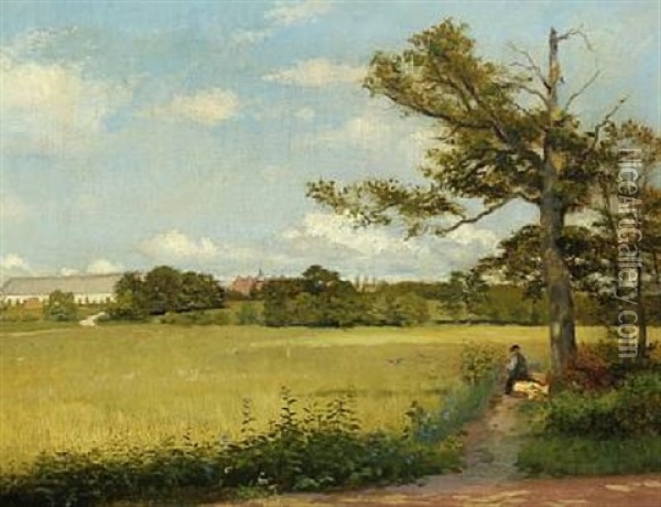 Landscape With A Man Resting Under A Tree Oil Painting - Axel Thorsen Schovelin