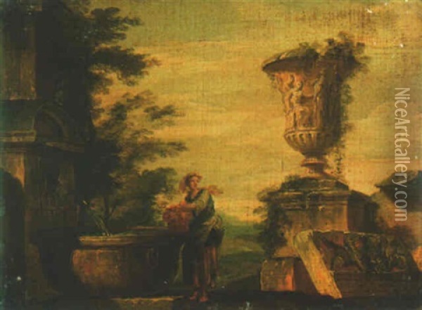 A Capriccio With Ruins And A Woman At A Fountain Oil Painting - Hubert Robert
