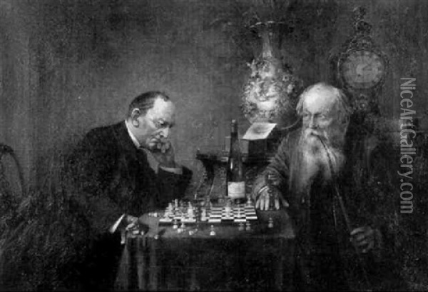 Die Knifflige Schachpartie Oil Painting - Hans August Lassen