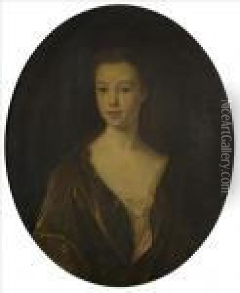 Portrait Of A Young Woman, Half-length, Wearing Brown Satin Dress Oil Painting - Philippe Mercier