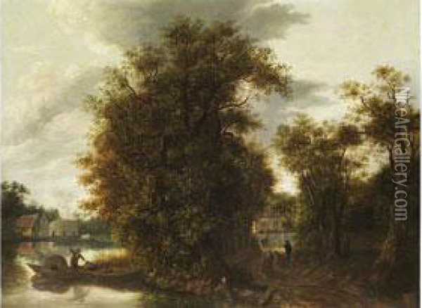 Abendliche Baumlandschaft Mit Fluss Und Gebaude Imhintergrund Oil Painting - Reinier Van Der Laeck