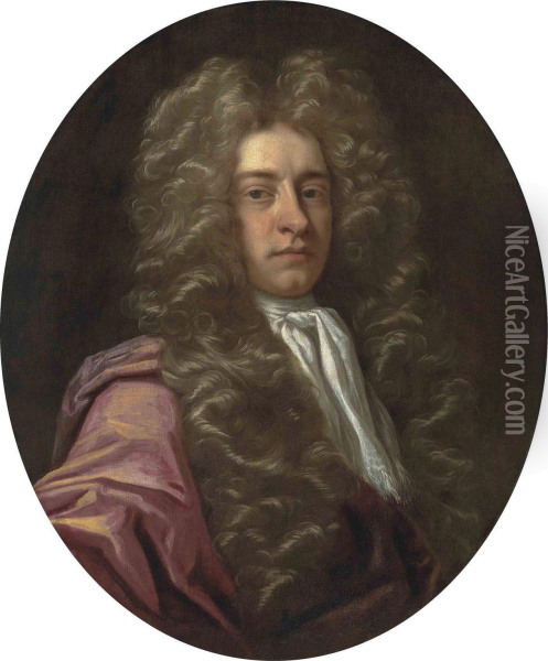 Portrait Of A Gentleman, Bust-length, In A Red Mantle Oil Painting - Johann Closterman