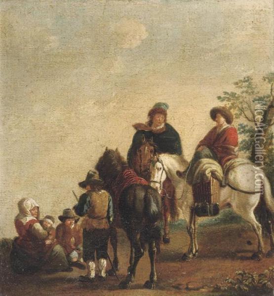 A Wooded Landscape With Figures On Horseback At Rest Oil Painting - Pieter Wouwermans or Wouwerman