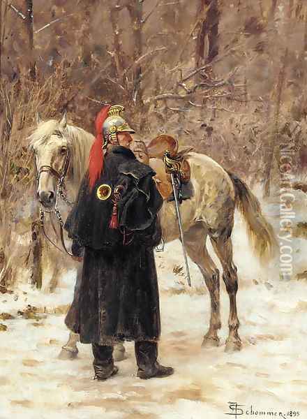 A French trumpeter standing by his mount in a winter landscape Oil Painting - Francois Schommer