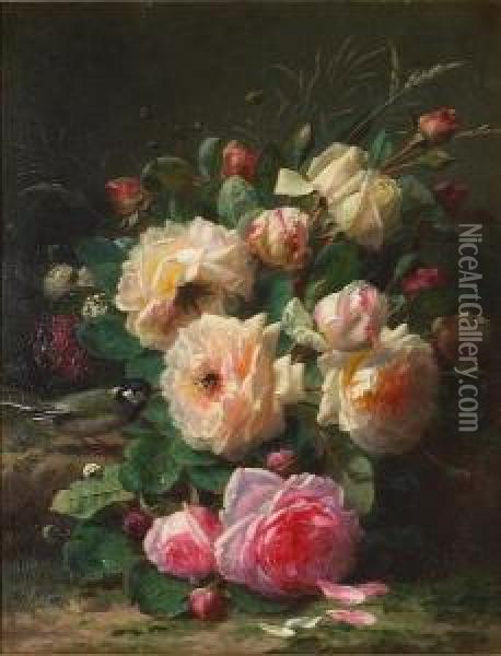A Still Life With Roses, A Titmouse And A Bumblebee Oil Painting - Jean-Baptiste Robie