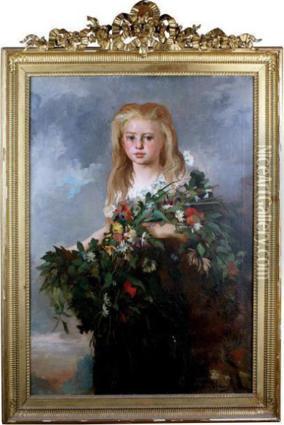 Portrait De Jeune Fille Au Bouquet De Fleurs Des Champs Oil Painting - Eugene Thirion
