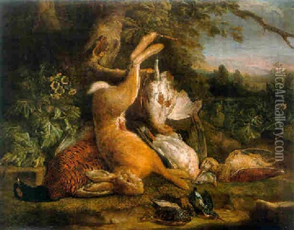 A Dead Hare Handing From A Tree With A Dead Pheasant, A Snipe, And Other Birds On A Mossy Bank Oil Painting - Peter (Pieter Andreas) Rysbrack