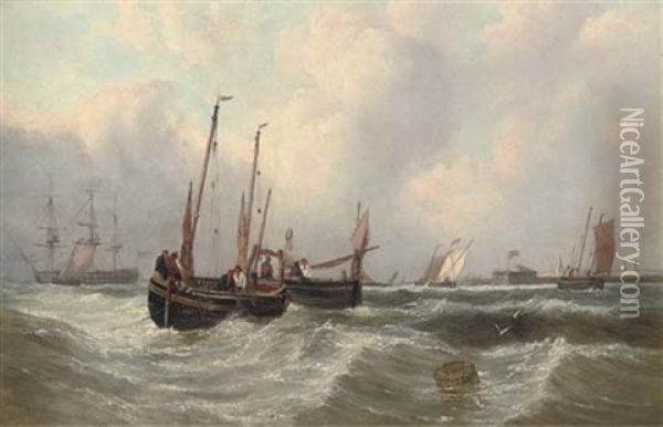 Fishermen Pulling In Their Nets Off Flushing Oil Painting - John Wilson Carmichael