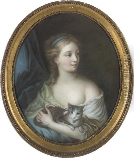 Portrait Of A Young Girl, 
Bust-length, Holding Her Cat; Andportrait Of A Young Girl, Bust-length, 
In A White Dress Oil Painting - Jean Raoux