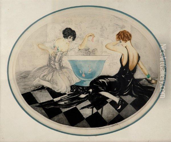 Elegantes Lithographie Ovale Oil Painting - Louis Icart
