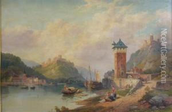 An Italianate Lake Scene With Washer Women Oil Painting - Sir Augustus Wall Callcott