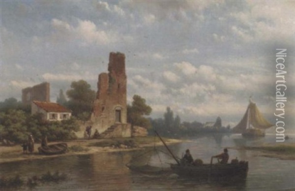 Fishermen Near A Ruin On A Riverbank Oil Painting - Johannes Hermanus Barend Koekkoek