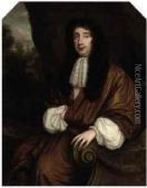 Portrait Of A Gentleman, 
Three-quarter-length, Seated In A Brown Coat And Lace Cravat, A 
Landscape Beyond Oil Painting - Sir Peter Lely
