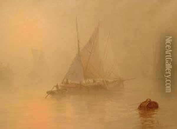 Moored Fishing Boats In A Misty Harbour At Sunset Oil Painting - William Lionel Wyllie