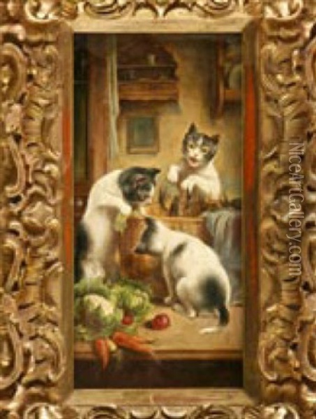 Spielende Katzen, Die Sich Fur Die Im Korb Befindlichen Hummern Interessieren Oil Painting - Carl Reichert