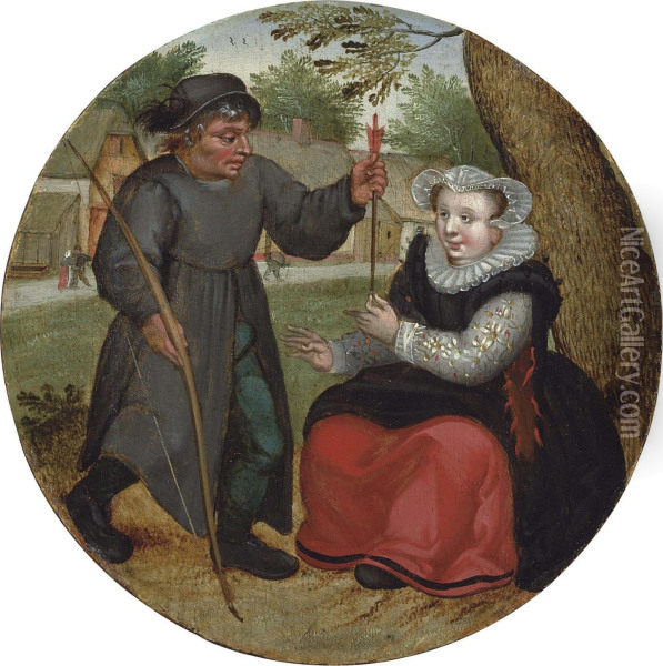 A Burgher Handing An Arrow To A Lady Oil Painting - Pieter The Younger Brueghel