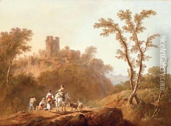 A Wooded, Hilly Landscape With Peasants, A Goat And Sheep On A Track Near A Ruined Castle Oil Painting - Jean-Baptiste Pillement