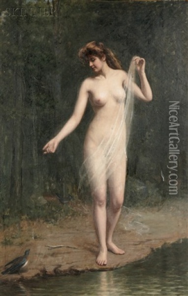 Standing Nude With A Blue Bird Oil Painting - Carnig Eksergian
