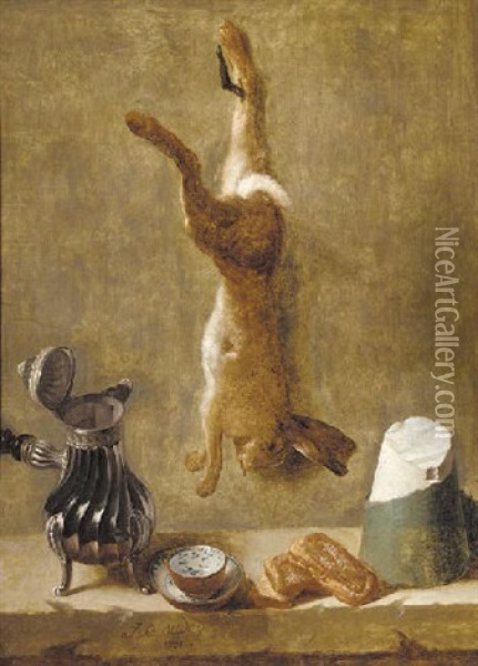 A Dead Hare Hanging From A Nail With Coffee Pot, Cup And Saucer, Pastries And A Block Of Salt On A Ledge Oil Painting - Jacques Charles Oudry