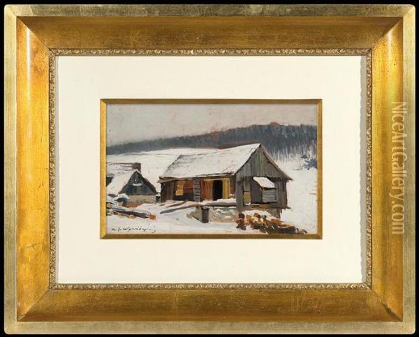 Cottages In The Snow Oil Painting - Michael Gorstkin Wywiorski