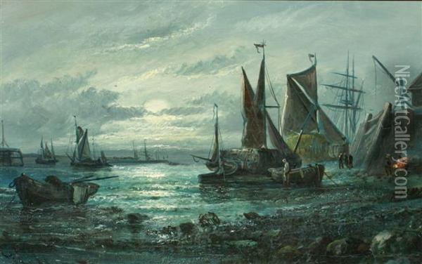 Fishing Boats Docked In Harbour At Moonlight Oil Painting - George D. Callow