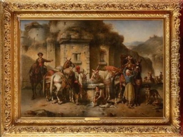 Muletiers Espagnols Ramenant Un Chef De Guerillas Blesse Oil Painting - Francois Emile de Lansac