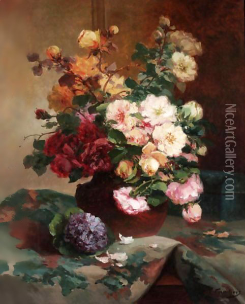 Vase De Roses Et Bouquet De Violettes Oil Painting - Eugene Henri Cauchois