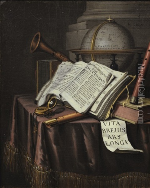 Nature Morte Aux Globes, Boussole Et Instruments De Musique Oil Painting - Edward Collier