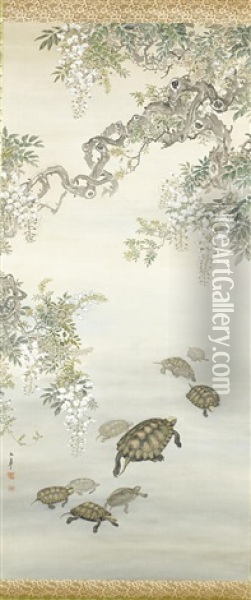 Untitled (nine Kusagame (chinese Pond Turtles) Swimming Beneath Large Overhanging Branches Of Flowering White Wisteria) Oil Painting - Oide Toko