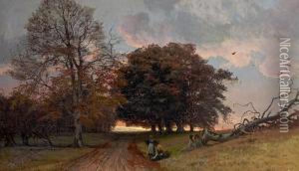 Two Women Resting By The Side Of The Road, Evening. Signed Monogram 1879 Oil Painting - Thorvald Simeon Niss