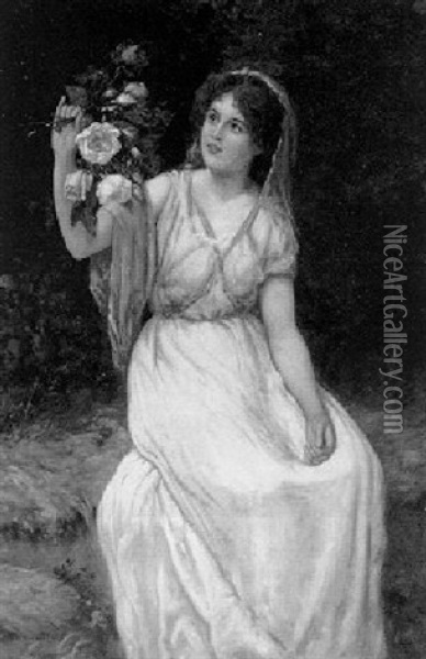A Young Beauty With A Bouquet Of Roses Oil Painting - William Oliver the Younger