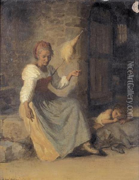 Interieur Mit Einer Spinnerin Und Schlafendem Kind. Oil Painting - Jacques Alfred Van Muyden