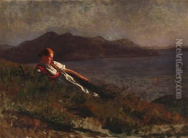 Young Norwegian Girl Laying In The Sunset On The Slopes Of A Fjord Oil Painting - Hans Dahl