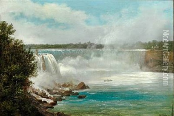 View Of Niagara Falls Seen From Prospect Point On The American Side. To The Left The Terrapin Tower Above The Fall. The Boat In The Water Is Maid Of Mist Oil Painting - Ferdinand Richardt