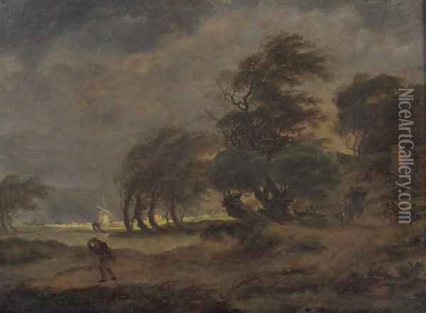 Peasants in a horse-drawn wagon on a country road with a traveller nearby, a windmill beyond, in a stormy landscape Oil Painting - Hermanus Van Brussel