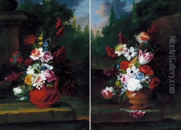 Vaso Di Fiori Entro Paesaggio (+ Vaso Di Fiori Entro Paesaggio; Pair) Oil Painting - Gasparo Lopez