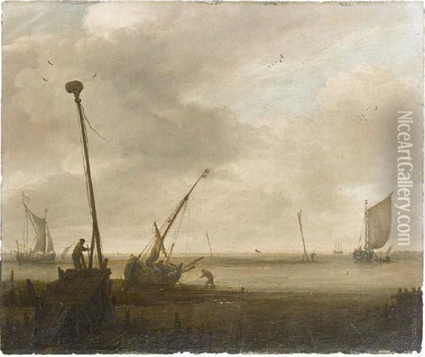 Low Tide On The Dutch Coast, 
With A Hoy On The Foreshore And Other Coastal Craft At Anchor Nearby; Oil Painting - Jan van Goyen