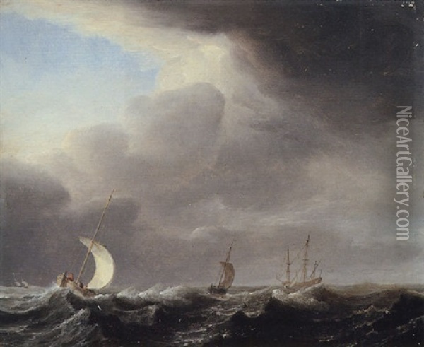 Fishing Pinks Running In Line Before A Stiff Breeze Towards A Distant Man O'war At Anchor Oil Painting - Arnoldus van Anthonissen