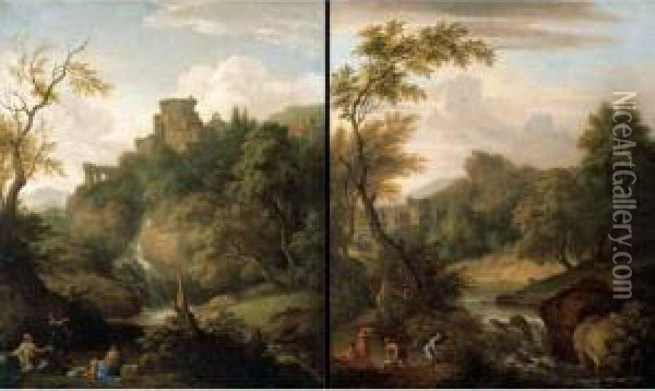Classical Landscapes With Figures Resting Beside Cascades, Classical Buildings Beyond Oil Painting - Giovanni Niccolo Servandoni