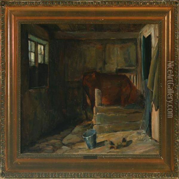 Stable Interior With A Cow And A Milk Bucket Oil Painting - Niels Pedersen Mols
