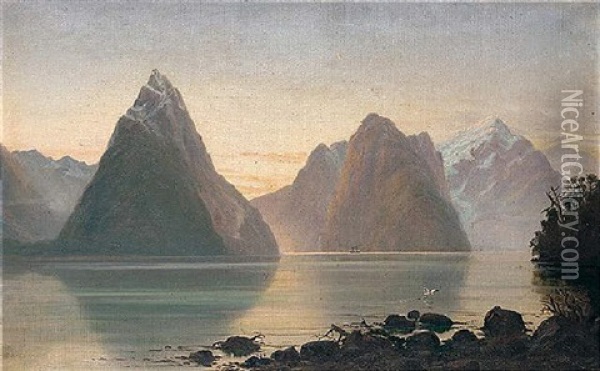 Mitre Peak And The Waters Of Milford Sound, South Island, New Zealand Oil Painting - John Gibb